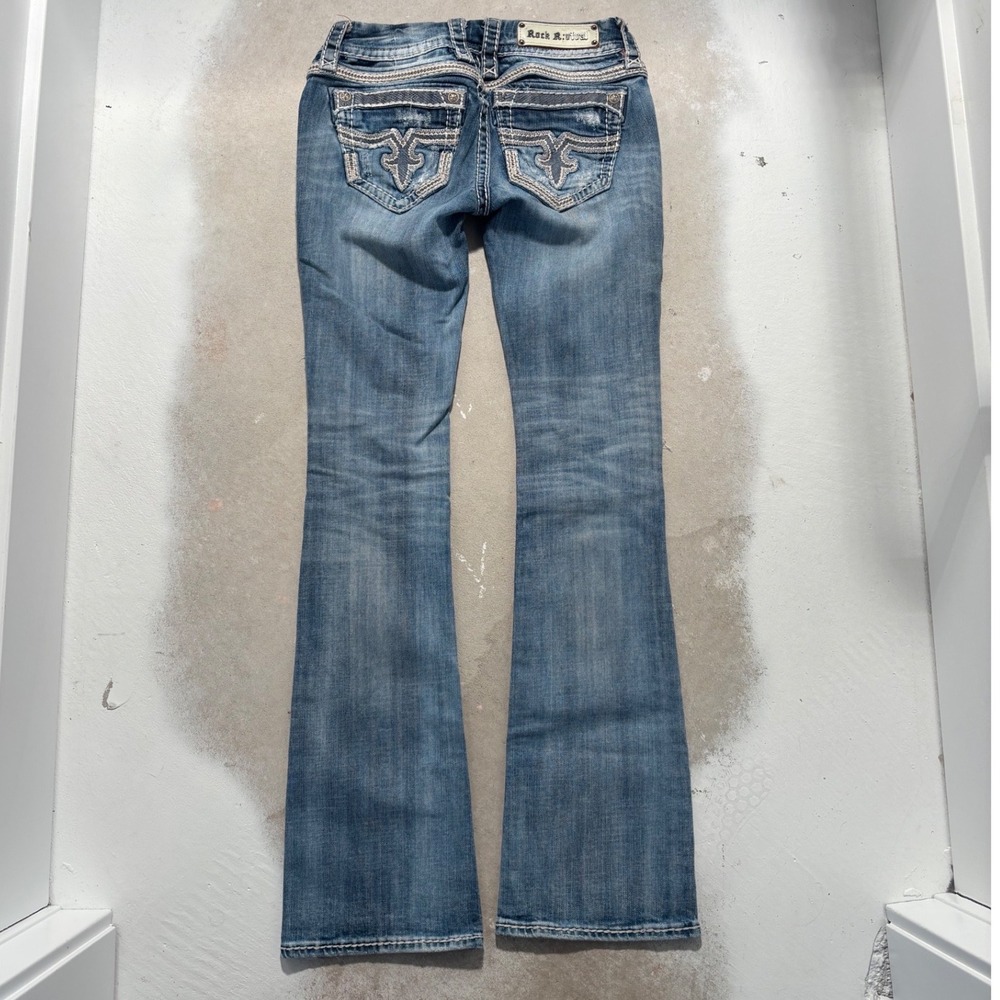 Rock Revival Natalie Bootcut Distressed Jeans Medium Wash Sequin Fleur De Lis 26